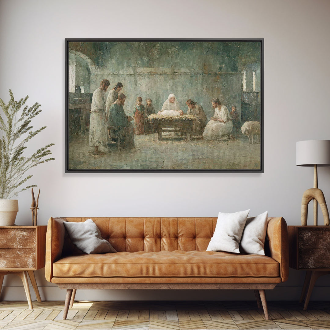 Holy Night Gathering – Framed Canvas Print – Christian Wall Art – Christian Art Canvas – Birth Of Jesus Painting – Christian Christmas Art