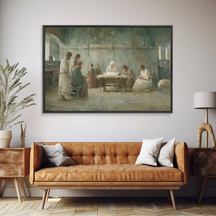 Holy Night Gathering – Framed Canvas Print – Christian Wall Art – Christian Art Canvas – Birth Of Jesus Painting – Christian Christmas Art