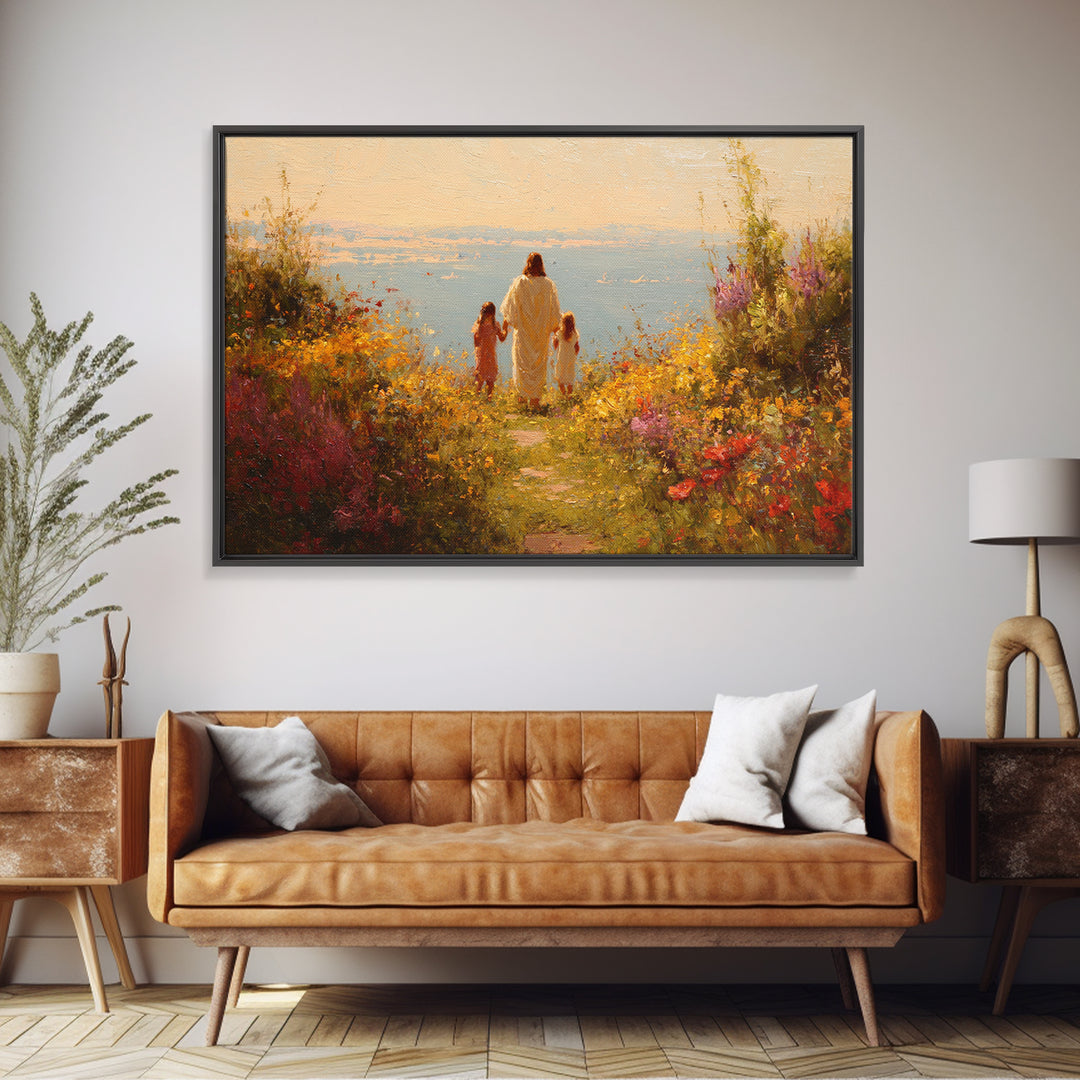 Golden Blossom Walk | Framed Canvas Print | Christian Wall Art | Jesus Painting | Christian Art Work | Bright Christian Art | Christian Chr
