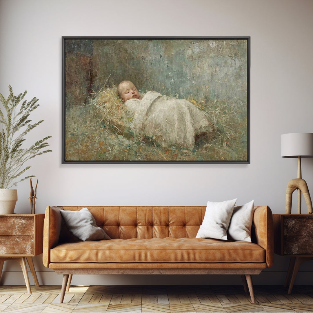 Manger Of Peace | Framed Canvas Print | Christian Christmas Art | Birth Of Jesus Painting | Christian Art Canvas | Vintage Christmas Art |