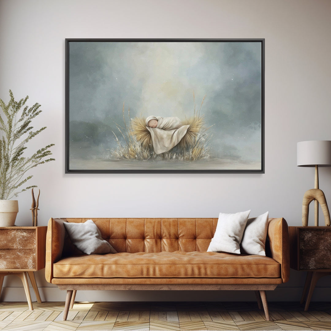 Holy Dawn Cradle – Framed Canvas Print – Jesus Christmas Art – Christian Art Canvas – Modern Christmas Art – Subtle Christian Art – Christi