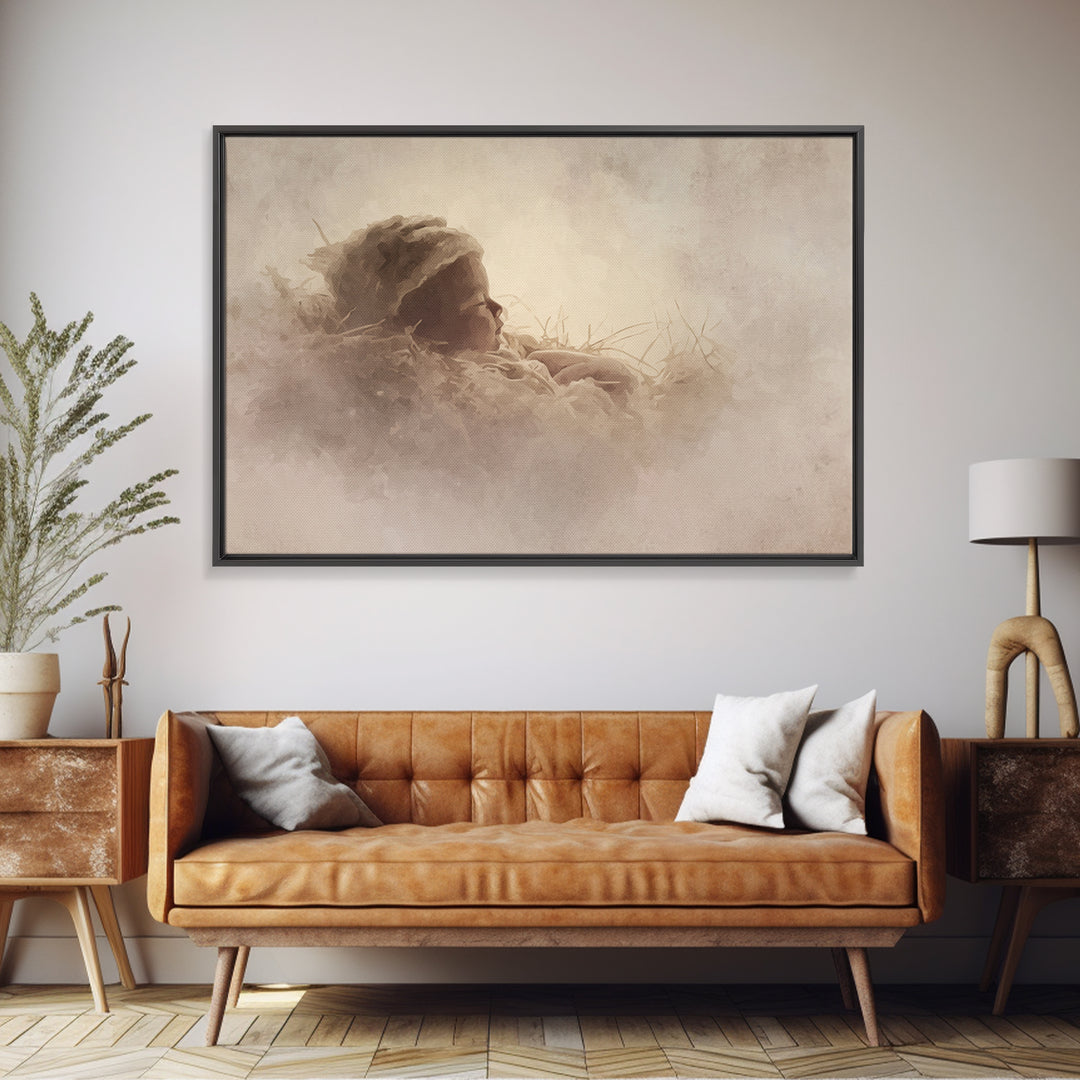 Silent Nativity Glow, Framed Canvas Print, Christian Christmas Art, Birth Of Jesus Painting, Christian Art Print, White Christmas Art, Chri