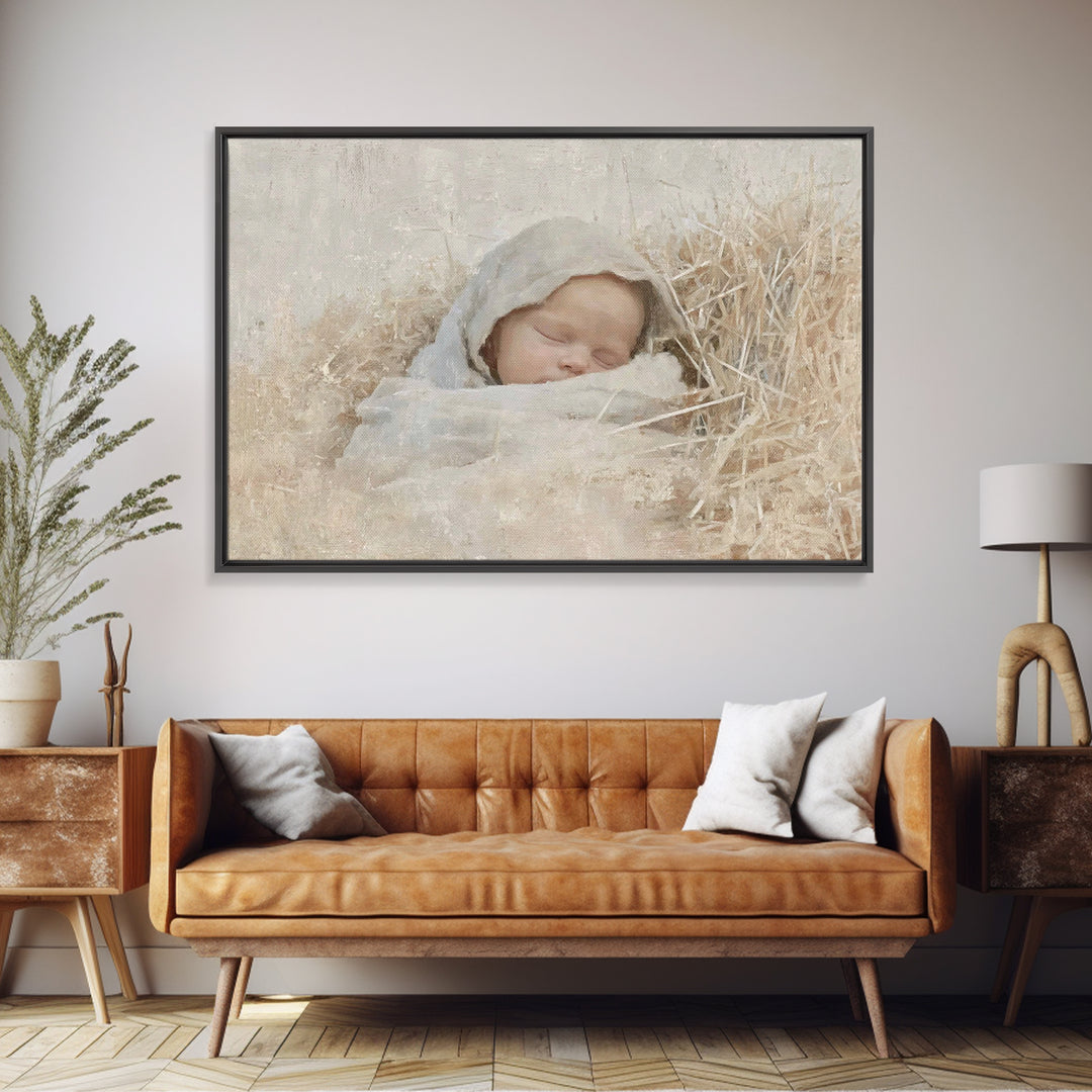 Sacred Newborn Grace, Framed Canvas Print, Christian Christmas Art, Birth Of Jesus Painting, Minimalist Christian Art, Christmas Wall Art,