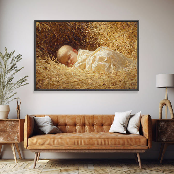 Divine Straw Light – Framed Canvas Print – Christmas Art Prints – Christian Art Canvas – Jesus Christmas Art – Vintage Christian Art – Chri
