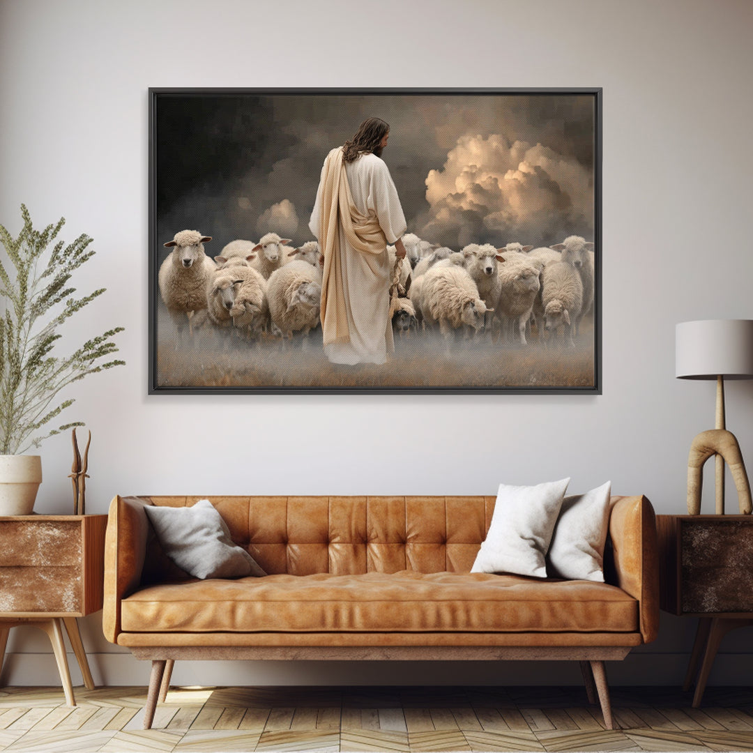 Guiding Shepherd Light, Framed Canvas Print, Christian Art Canvas, Large Jesus Painting, Moody Christian Art, Christian Wall Art, Christian