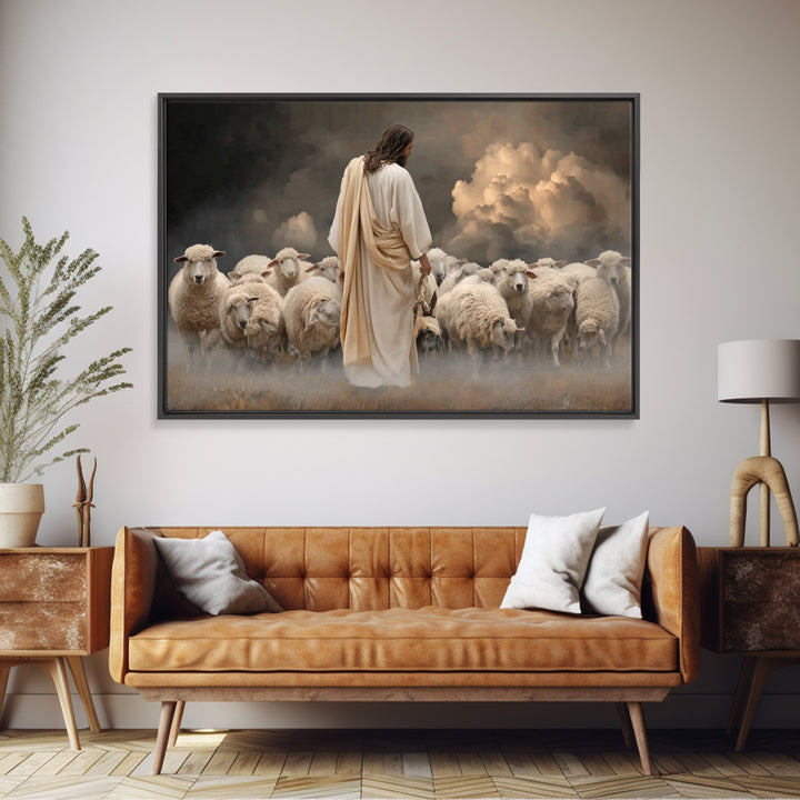 Guiding Shepherd Light, Framed Canvas Print, Christian Art Canvas, Large Jesus Painting, Moody Christian Art, Christian Wall Art, Christian