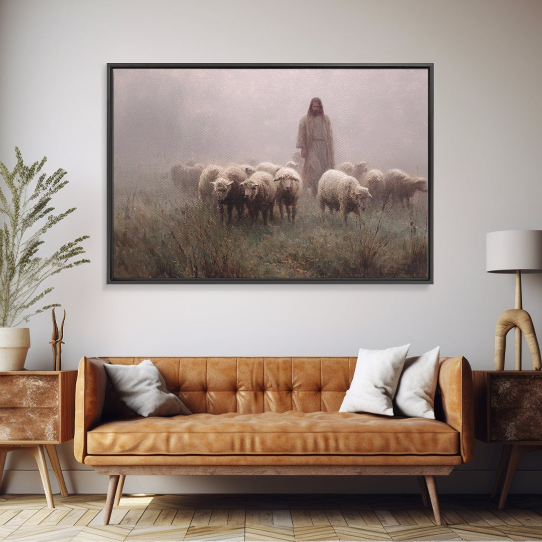 Misty Flock Dawn – Framed Canvas Print – Christian Paintings – Jesus Art Print – Pastoral Scenery – Modern Christian Art – Christian Wall A