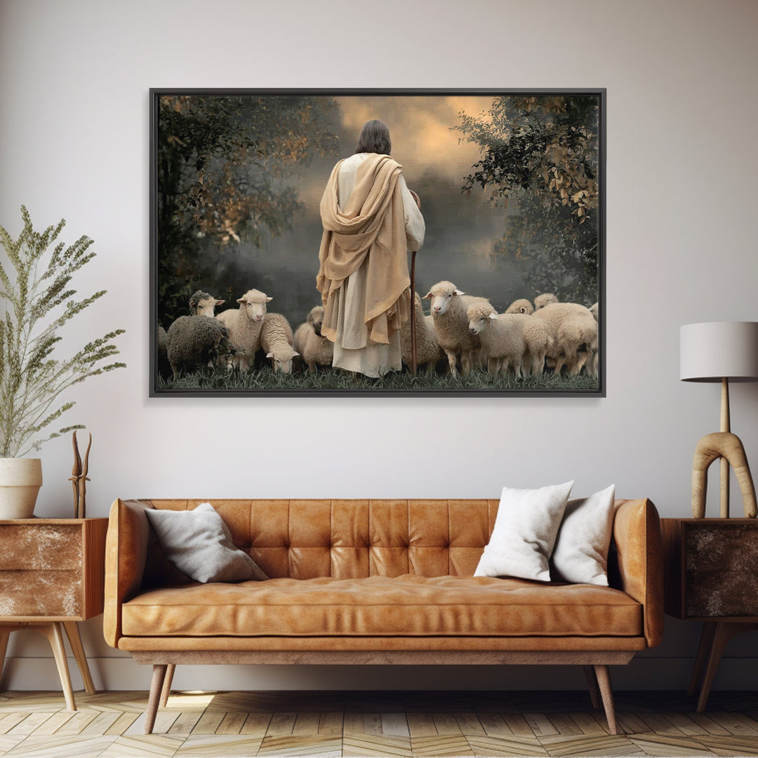 Misty Flock Calm, Framed Canvas Print, Christian Wall Art, Jesus Painting, Christian Art Canvas, Christmas Art