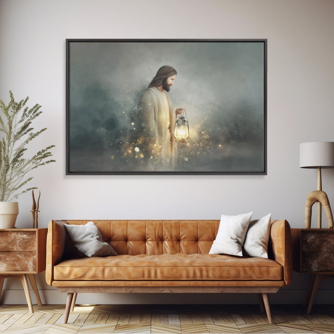 Guiding Lantern Light – Framed Canvas Print – Christian Wall Art – Jesus Painting – Christian Art Canvas – Christian Christmas Art – Modern