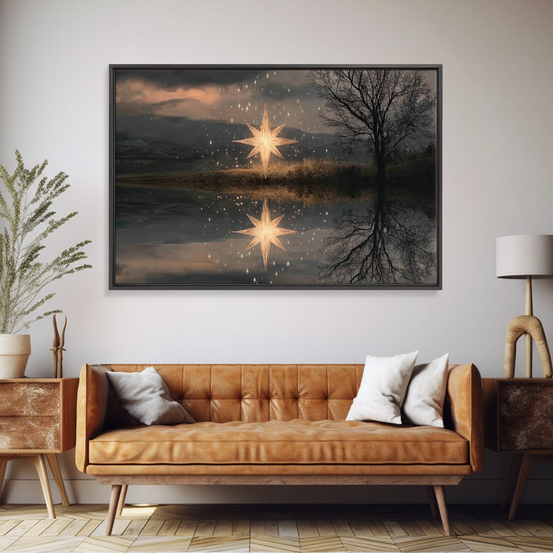 Guiding Star Glow – Framed Canvas Print – Christian Wall Art – Christian Christmas Art – Jesus Painting – Modern Christian Art – Christmas