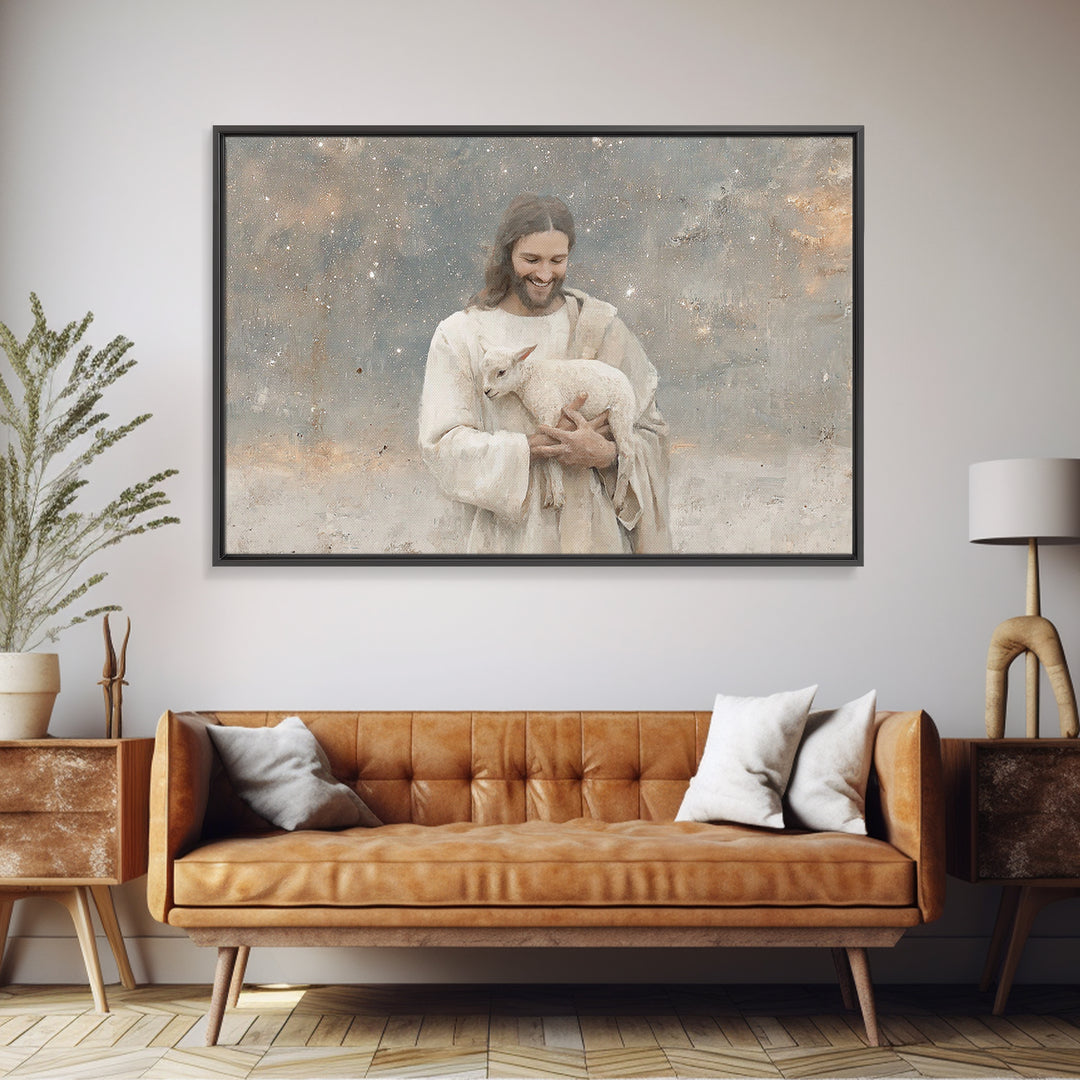 Lamb Of Comfort | Framed Canvas Print | Christian Wall Art | Christian Art Canvas | Jesus Painting | Christian Decorations | Modern Christi