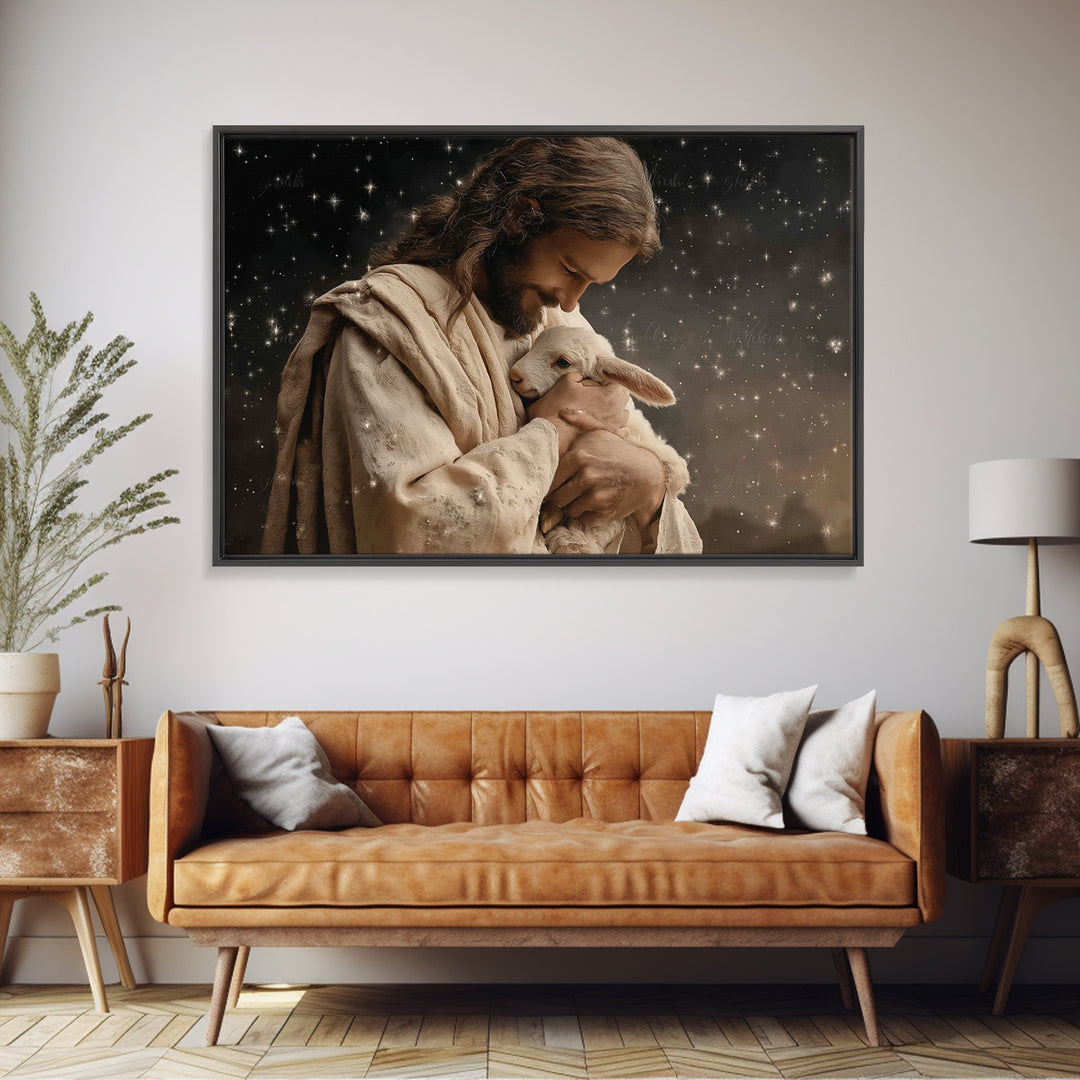 Starry Night Shepherd, Framed Canvas Print, Jesus Wall Art, Christian Art Canvas, Christian Wall Art, Christian Gift, Moody Christian Art