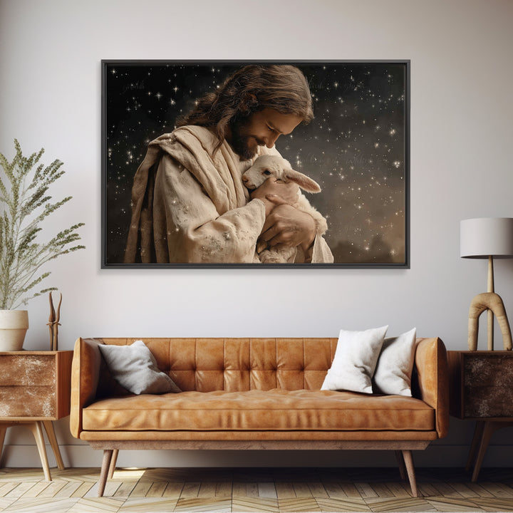 Starry Night Shepherd, Framed Canvas Print, Jesus Wall Art, Christian Art Canvas, Christian Wall Art, Christian Gift, Moody Christian Art