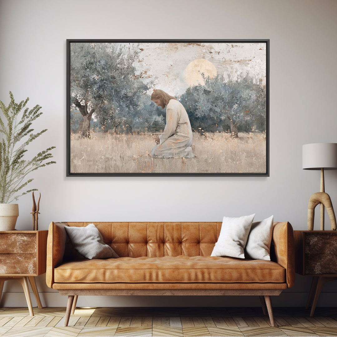 Olive Grove Reverence | Framed Canvas Print | Christian Art Canvas | Jesus Painting | Vintage Christian Art | Christian Wall Art | Christia
