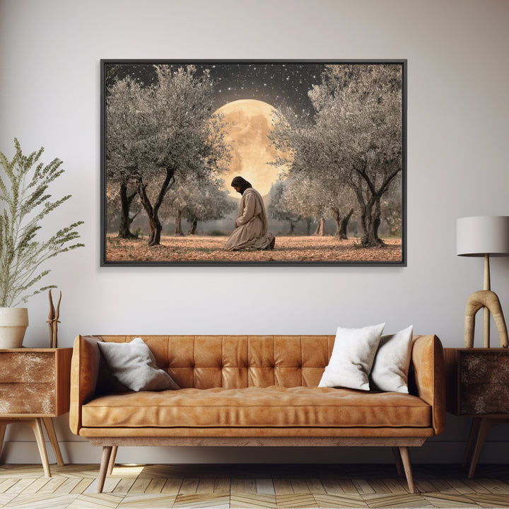Moonlit Devotion - Framed Canvas Print - Christian Art Canvas - Jesus Painting - Christian Wall Art - Christian Christmas Art