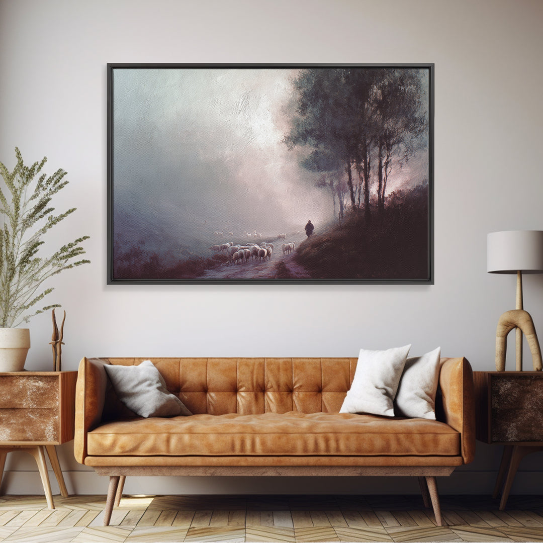 Twilight Shepherd – Framed Canvas Print – Christian Art Canvas – Christian Wall Art – Jesus Painting – Subtle Christian Art