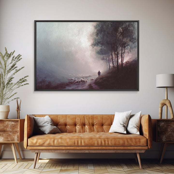 Twilight Shepherd – Framed Canvas Print – Christian Art Canvas – Christian Wall Art – Jesus Painting – Subtle Christian Art