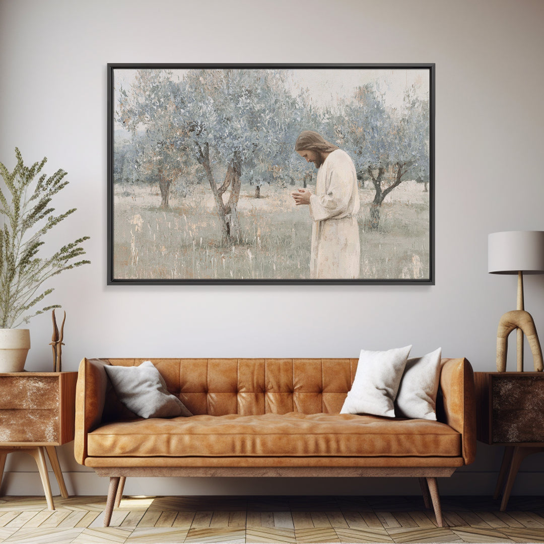 Olive Grove Reverence | Framed Canvas Print | Christian Art Canvas | Christian Wall Art | Jesus Painting | Subtle Christian Art | Christian