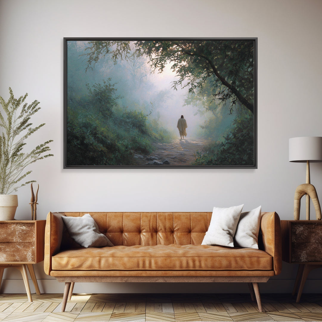 Forest Dawn Walk, Framed Canvas Print, Christian Wall Art, Christian Art Canvas, Jesus Painting, Moody Christian Art