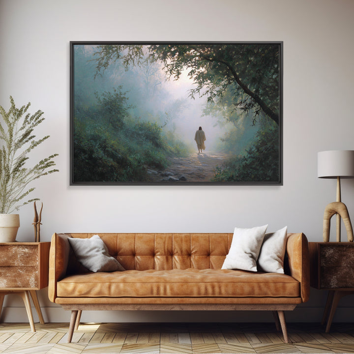 Forest Dawn Walk, Framed Canvas Print, Christian Wall Art, Christian Art Canvas, Jesus Painting, Moody Christian Art