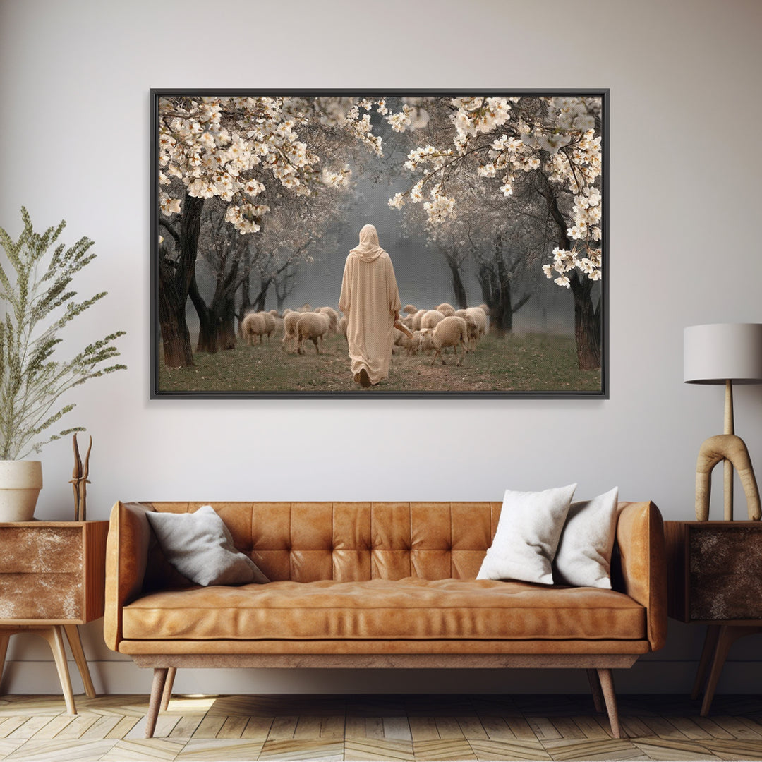 Blooming Shepherd Path – Framed Canvas Print – Christian Art Canvas – Christian Painting – Jesus Painting – Christian Wall Art – Vintage Ch
