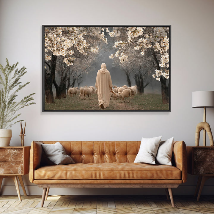 Blooming Shepherd Path – Framed Canvas Print – Christian Art Canvas – Christian Painting – Jesus Painting – Christian Wall Art – Vintage Ch