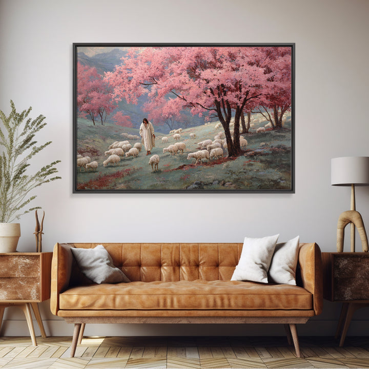 Spring Shepherd Path - Framed Canvas Print - Jesus Painting - Christian Wall Art - Christian Art Canvas - Vintage Christian Art