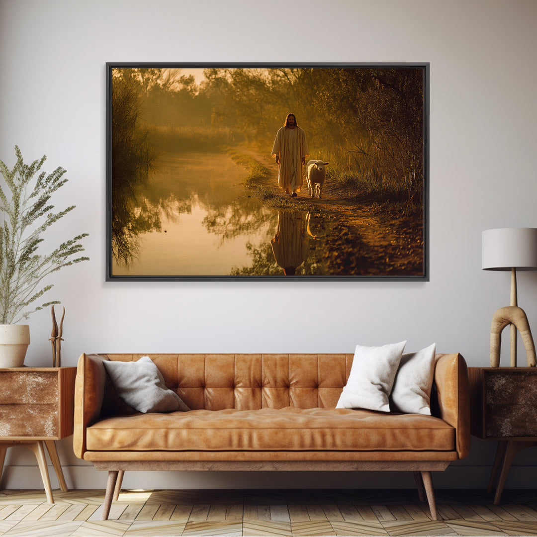 Golden River Peace, Framed Canvas Print, Jesus Painting, Christian Wall Art, Christian Art Canvas, Modern Christian Art