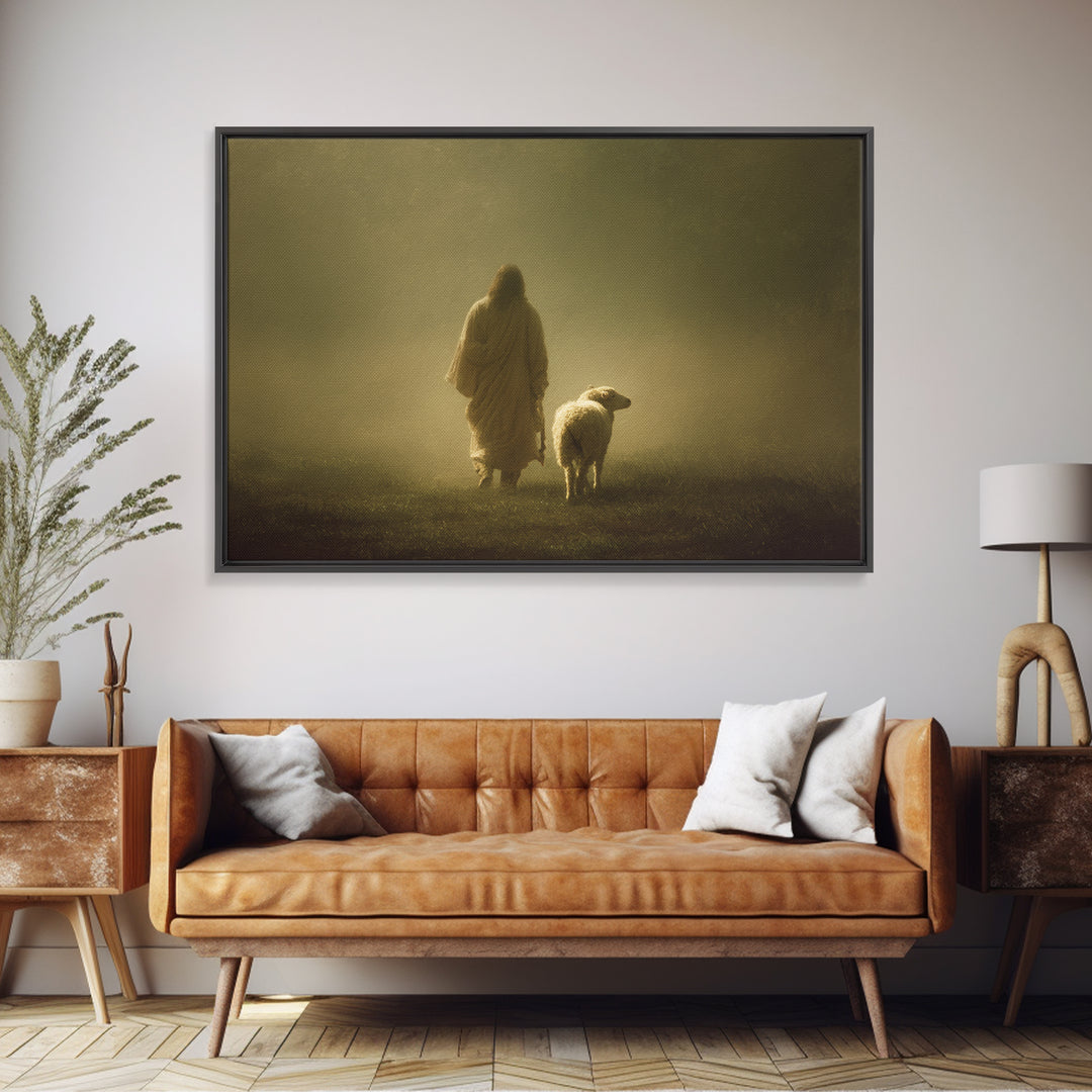 Shepherd In Stillness – Framed Canvas Print – Christian Art Canvas – Jesus Painting – Moody Christian Art – Christian Wall Art – Christian