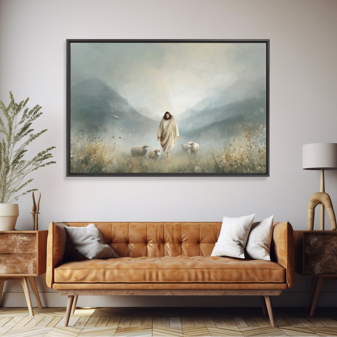 Evening Flock, Framed Canvas Print, Christian Wall Art, Jesus Painting Canvas, Moody Christian Art, Christian Decor, Large Christian Painti