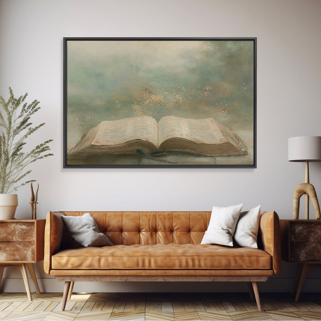 Divine Pages – Framed Canvas Print – Christian Art Print – Christian Wall Art – Christian Painting – Christian Art Canvas – Vintage Christi