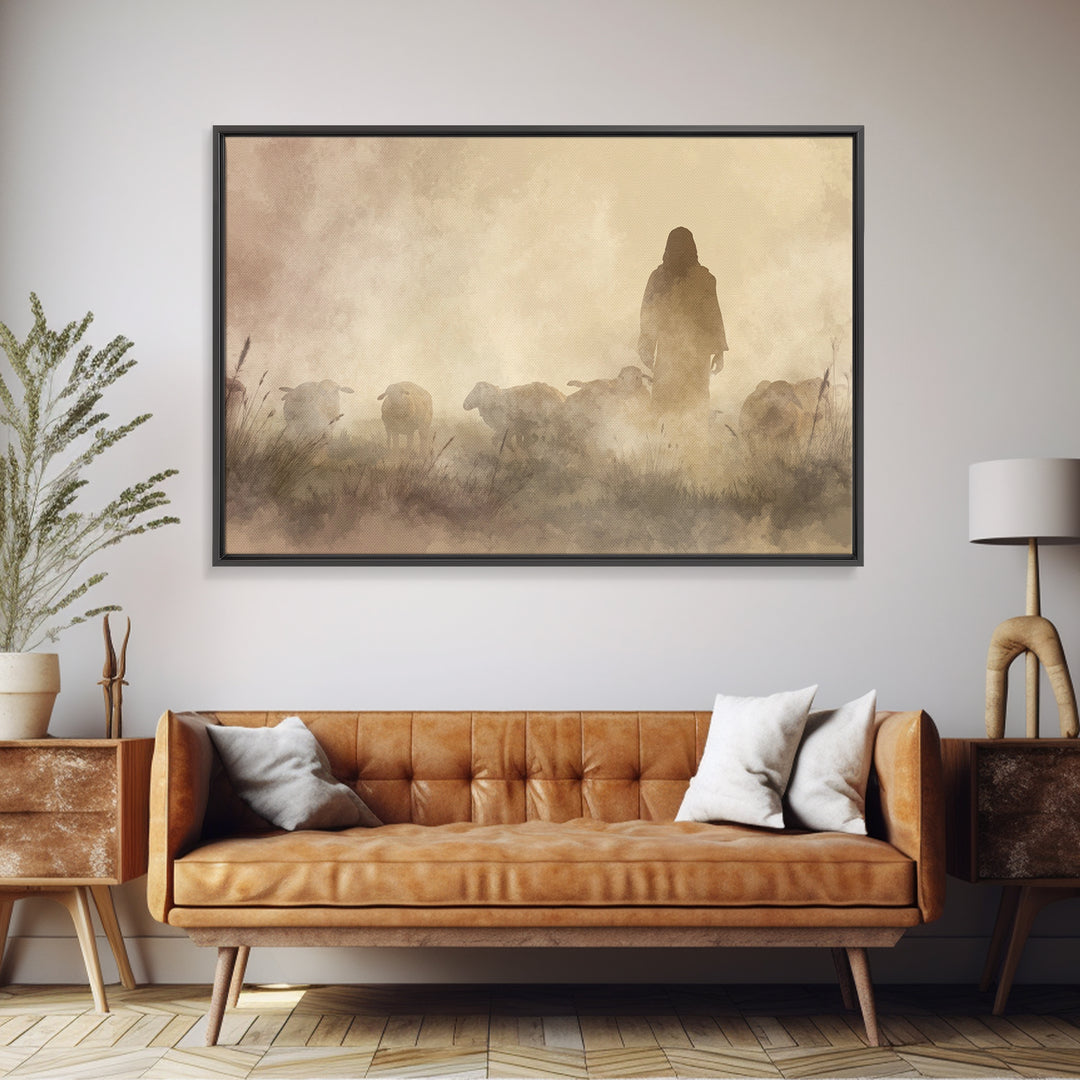 Misty Shepherd – Framed Canvas Print – Christian Wall Art – Jesus Painting – Christian Art Canvas – Moody Christian Art – Christian Gift Id