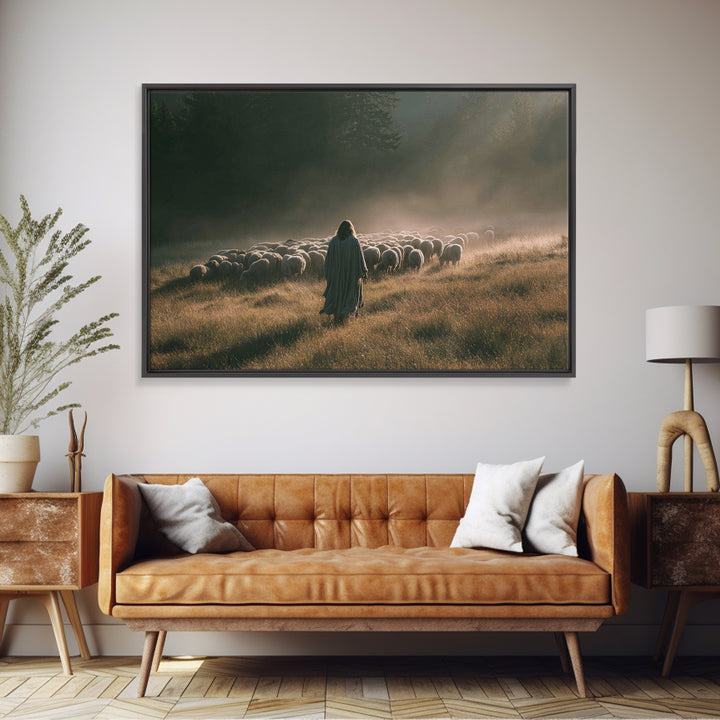 Dawn Flock | Framed Canvas Print | Christian Art Canvas | Jesus Painting | Large Christian Art | Christian Wall Art | Modern Christian Pain