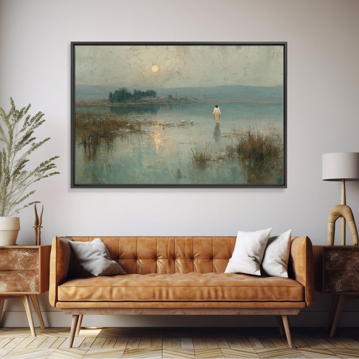 Shepherd’s Calm – Framed Canvas Print – Christian Wall Art – Jesus Painting – Pastoral Scenery – Christian Christmas Art – Christian Art Ca