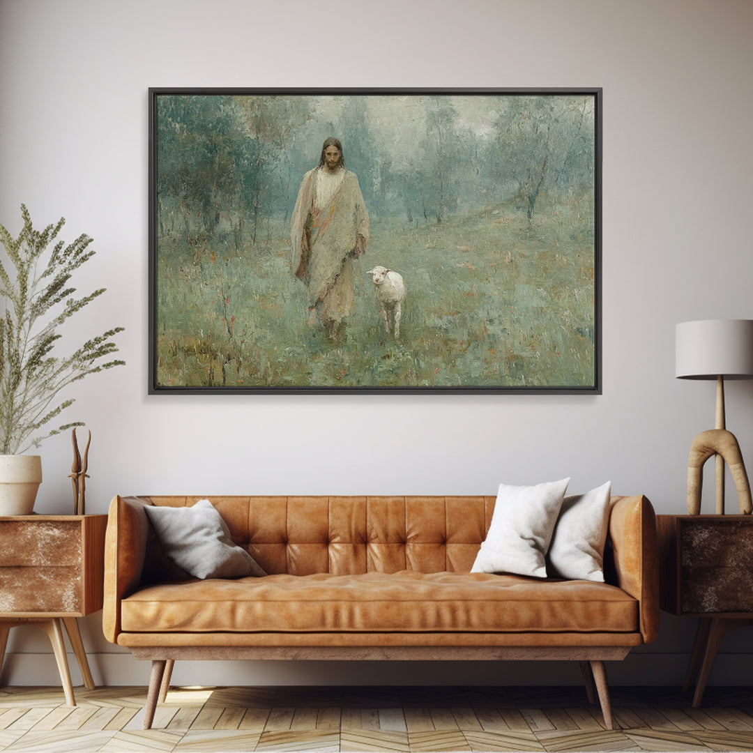 Pasture Serenity | Framed Canvas Print | Christian Wall Art | Jesus Painting | Christian Art Canvas | Vintage Christian Painting | Christia