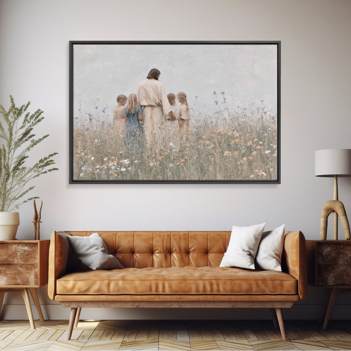 Gentle Meadow Light, Framed Canvas Print, Jesus Painting, Christian Art Canvas, Christian Wall Art, Minimalist Christian Art, Christian Gif