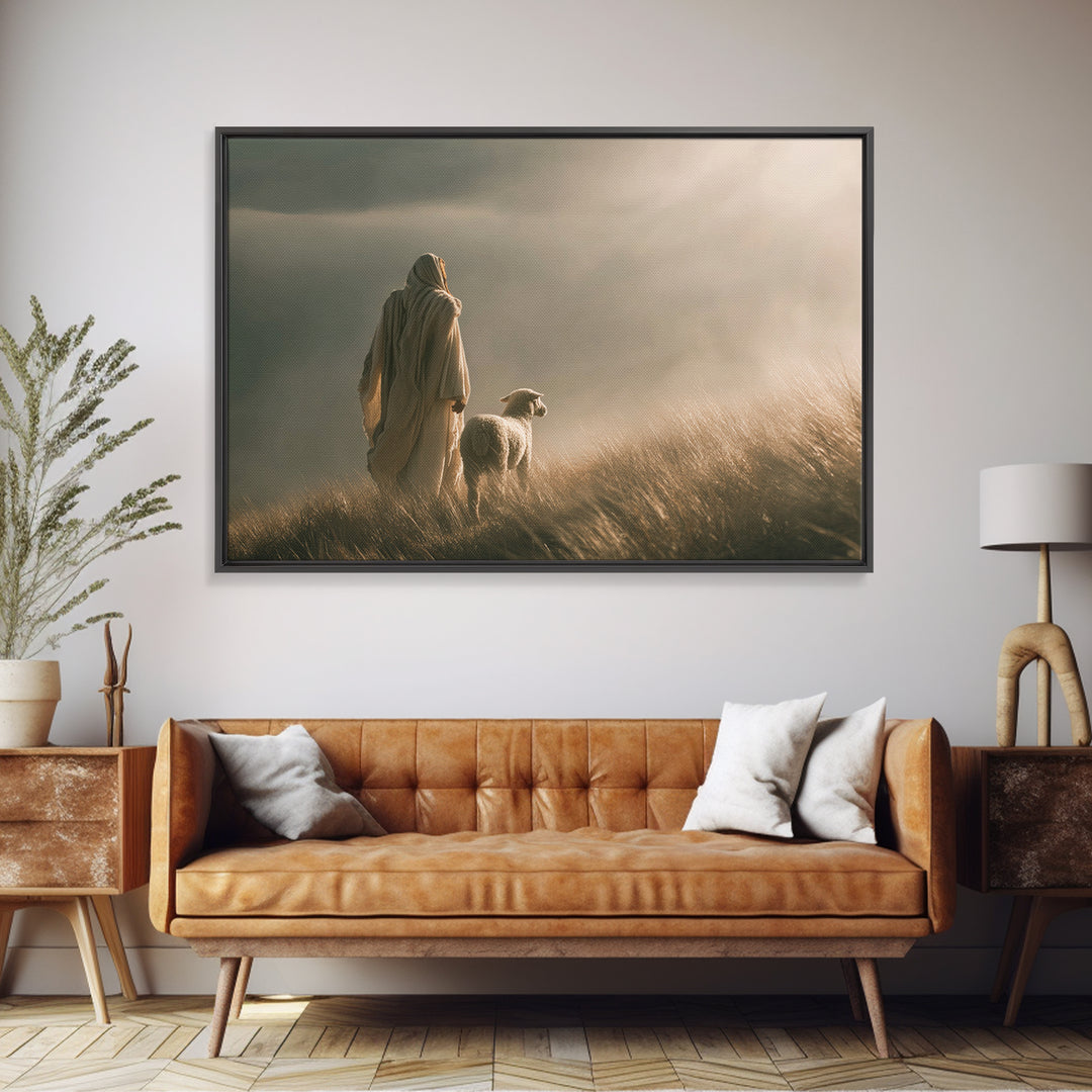 Shepherd’s Dawn, Framed Canvas Print, Christian Wall Art, Jesus Painting, Christian Art Canvas, Minimalist Christian Art, Christian Gift
