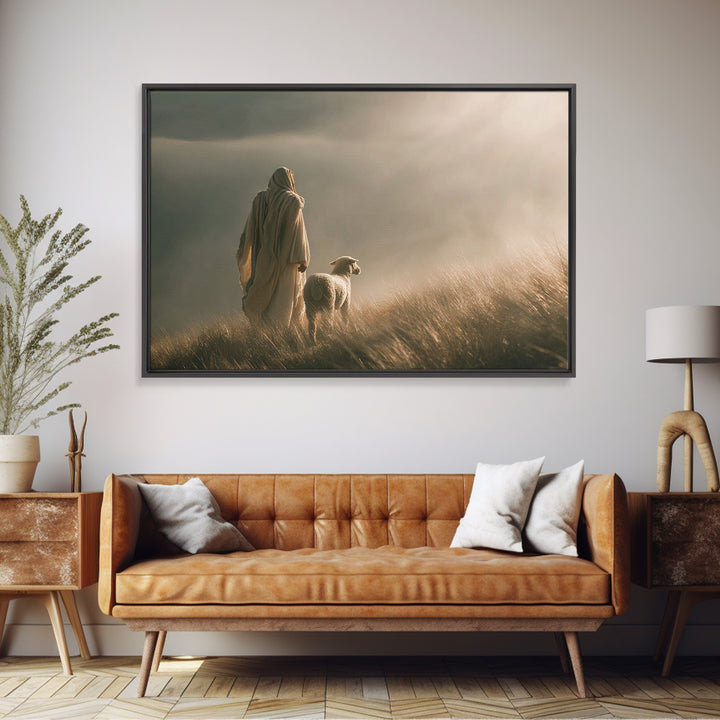 Shepherd’s Dawn, Framed Canvas Print, Christian Wall Art, Jesus Painting, Christian Art Canvas, Minimalist Christian Art, Christian Gift