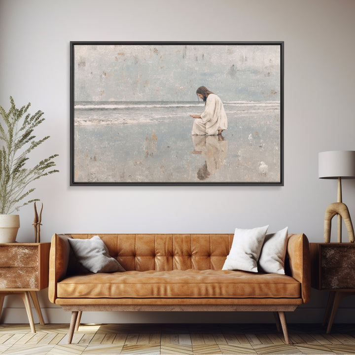 Shoreline Prayer, Framed Canvas Print, Christian Wall Art, Jesus Painting, Christian Art Canvas, Large Christian Art, Modern Christian Art