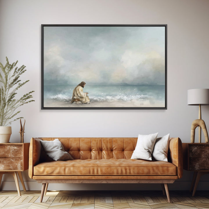 Quiet Sea Devotion, Framed Canvas Print, Christian Wall Art, Jesus Painting, Christian Art Canvas, Large Christian Art, Modern Christian Ar