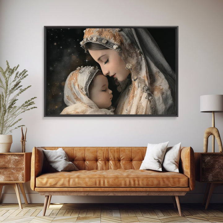 Starry Motherhood | Framed Canvas Print | Christian Wall Art | Mary And Jesus Painting | Christian Art Canvas | Christian Art