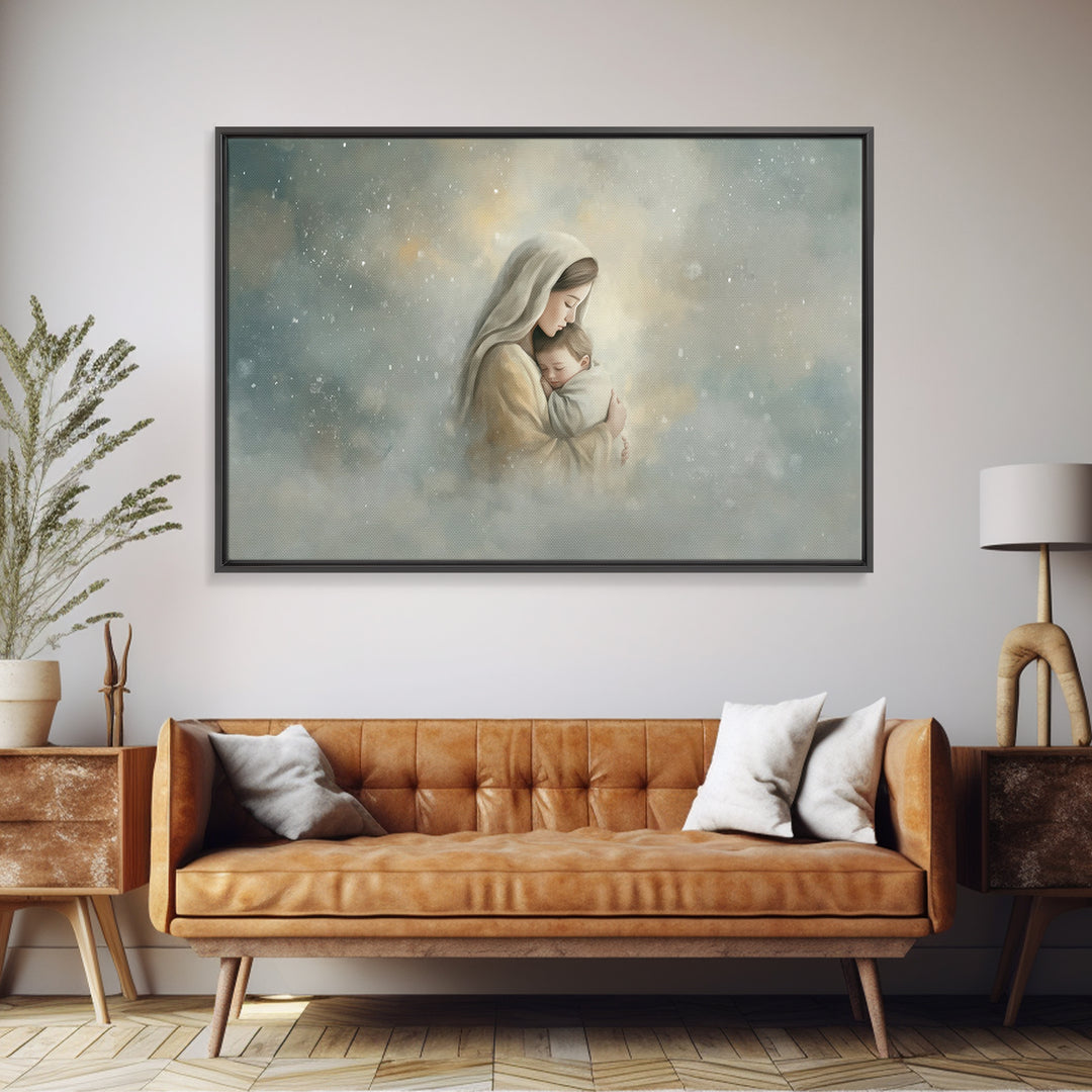 Heavenly Embrace | Framed Canvas Print | Christian Art Canvas | Christian Wall Art | Christian Art | Mary And Jesus Painting