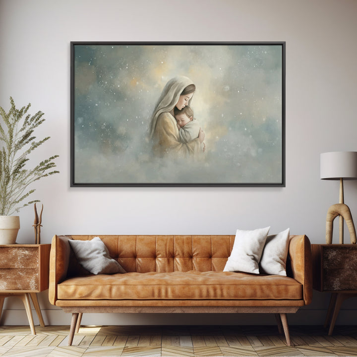 Heavenly Embrace | Framed Canvas Print | Christian Art Canvas | Christian Wall Art | Christian Art | Mary And Jesus Painting