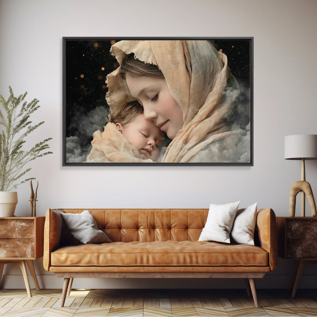 Divine Tenderness | Framed Canvas Print | Christian Art | Christian Art Canvas | Mary And Jesus Painting | Christian Wall Art