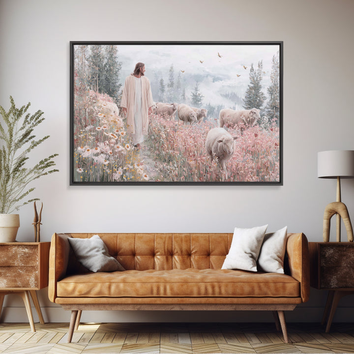 Meadow Shepherd – Framed Canvas Print – Christian Wall Art – Jesus Painting – Christian Art Canvas – Christian Gift – Modern Christian Art