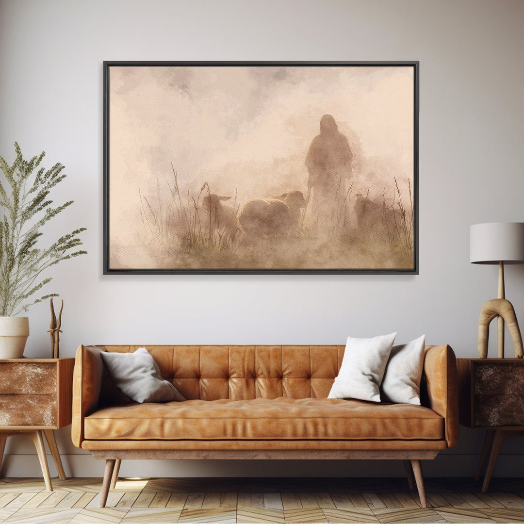 Shepherd In The Mist – Framed Canvas Print – Christian Art Canvas – Christian Wall Art – Jesus Painting – Moody Christian Art – Christian G