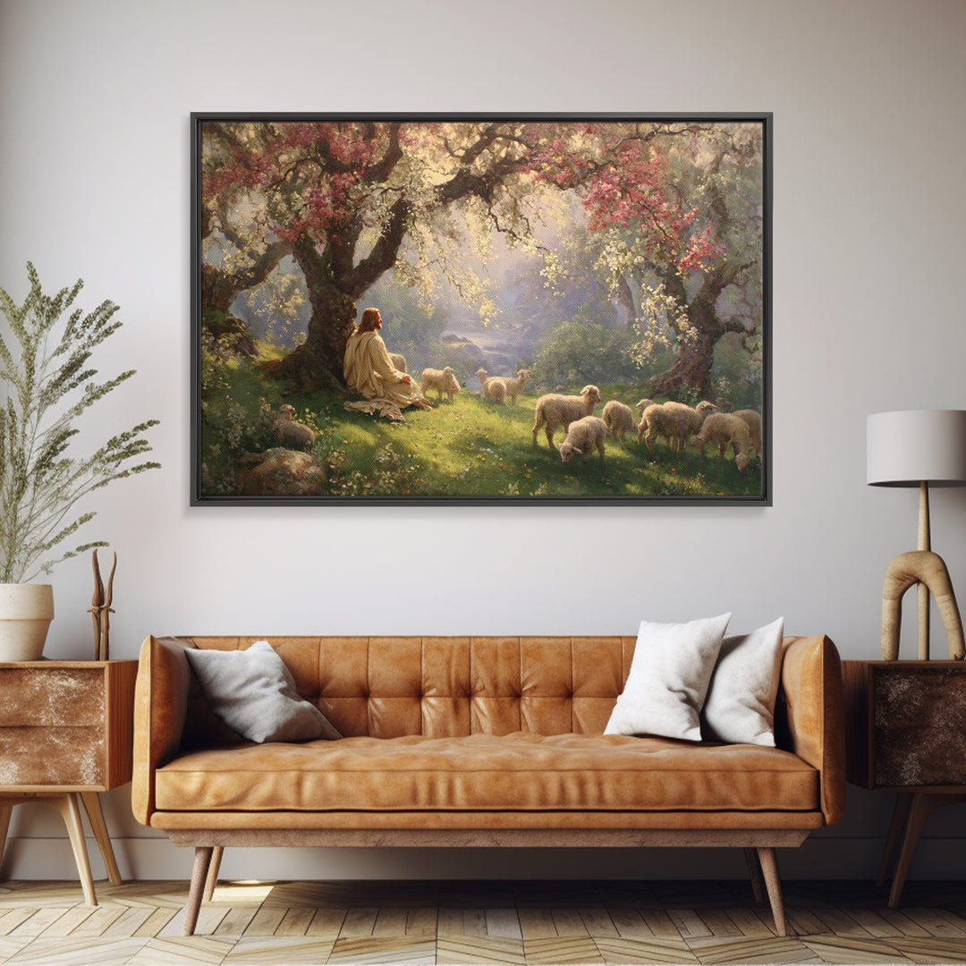 Pastoral Dawn Peace – Framed Canvas Print – Jesus Painting – Christian Wall Art – Christian Art Canvas – Christian Christmas Art – Christia