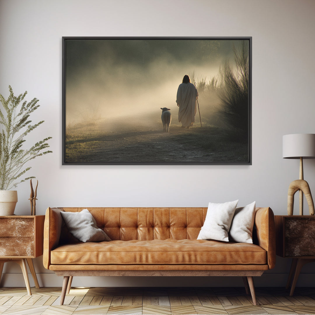 Dawn Shepherd Path – Framed Canvas Print – Jesus Painting – Christian Art Canvas – Christian Wall Art – Christian Decor – Christian Christm