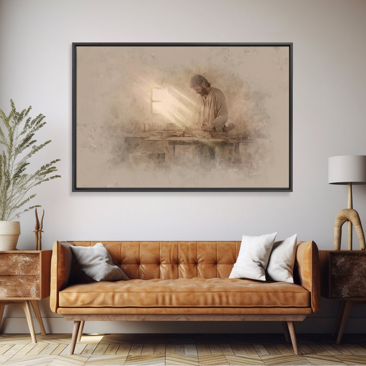 Carpenter’s Light – Framed Canvas Print – Christian Wall Art – Jesus Painting – Christian Art Canvas – Minimalist Christian Art – Christian