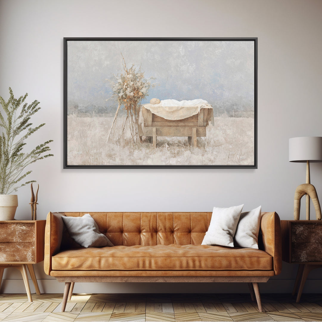 Silent Manger – Framed Canvas Print – Christian Art Canvas – Christmas Wall Art – Minimalist Christian Art – Christian Paintings – Christia